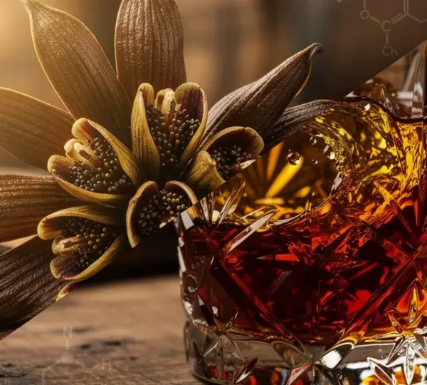 Split composition showing vanilla orchid pods transitioning into bourbon in crystal glass with charred oak barrel staves