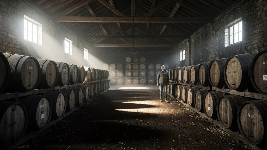 Wide angle view of traditional whisky warehouse with rows of aging barrels in atmospheric lighting