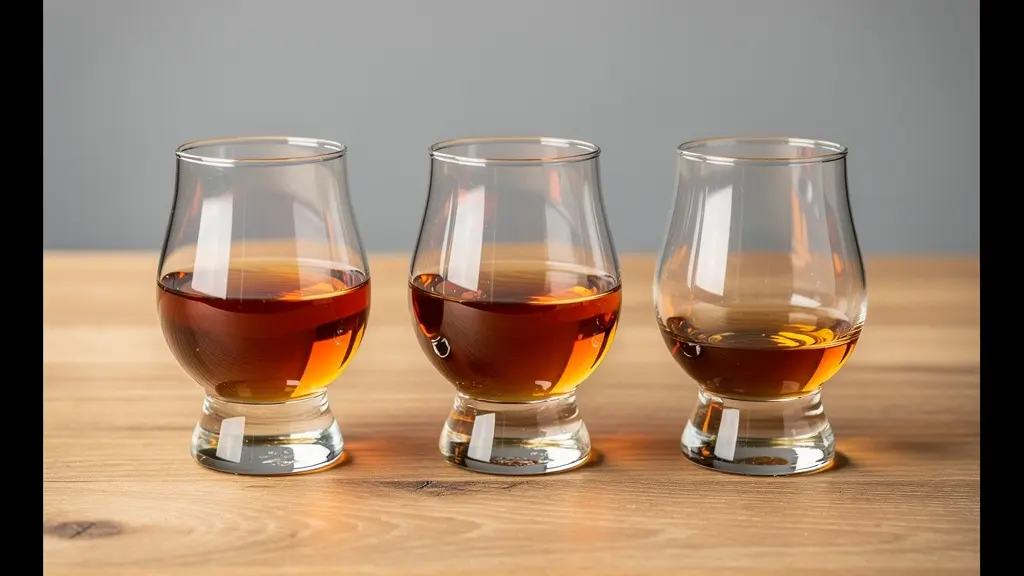 Three Glencairn whisky glasses showing different pour levels for standard drinks at varying ABV strengths