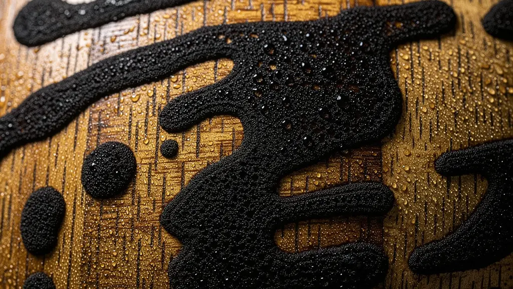 Extreme close-up of fungal growth patterns on weathered oak cask surface