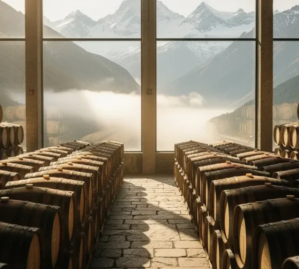 Whisky barrels aging in a high-altitude warehouse with mountain views