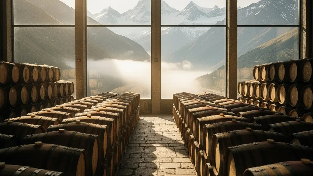 Whisky barrels aging in a high-altitude warehouse with mountain views