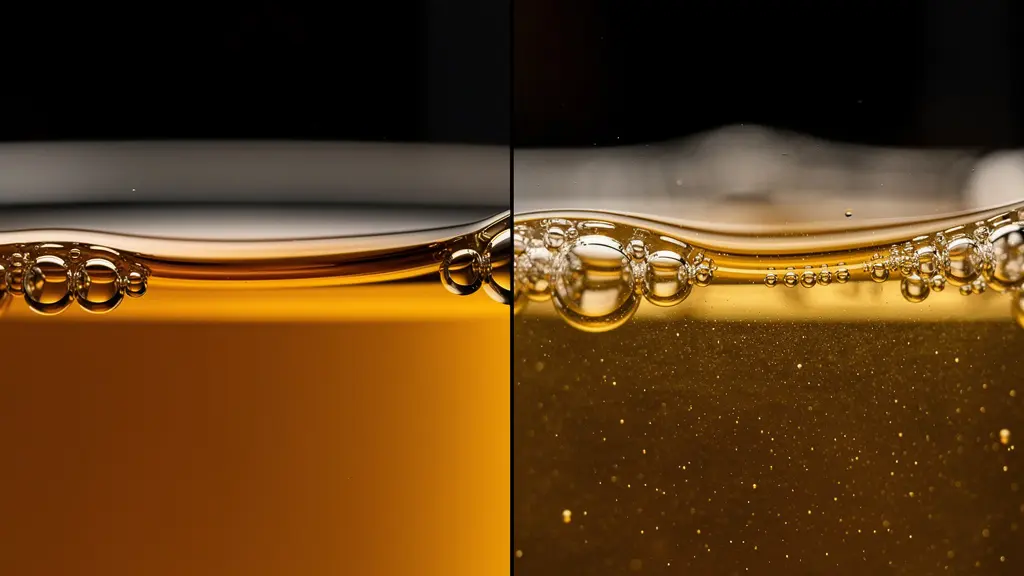 Macro shot showing the contrast between filtered and unfiltered whisky textures in glass