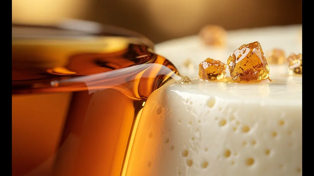 Elegant whisky glass beside creamy panna cotta with caramelized surface