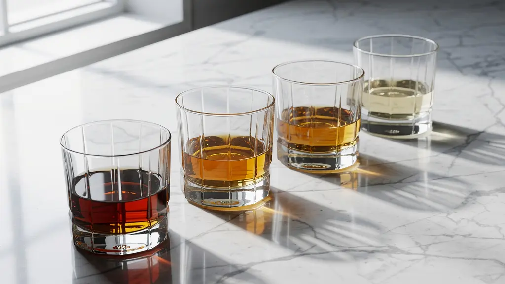 A series of five whisky glasses showing a color gradient from concentrated amber to over-diluted pale gold.