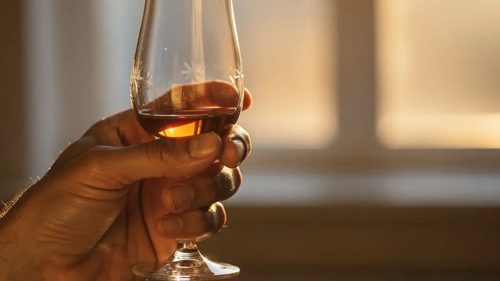 A single whisky glass held in hand, illuminated by warm afternoon sunlight, creating dramatic shadows and a sense of calm.