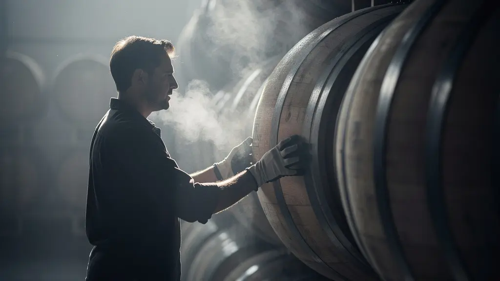 Atmospheric warehouse interior showing misty evaporation from cask surfaces