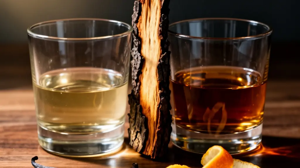 A symbolic still life of two contrasting whisky-colored liquids in brandless glasses beside charred oak wood and a vanilla pod, representing quality versus poor spirits.
