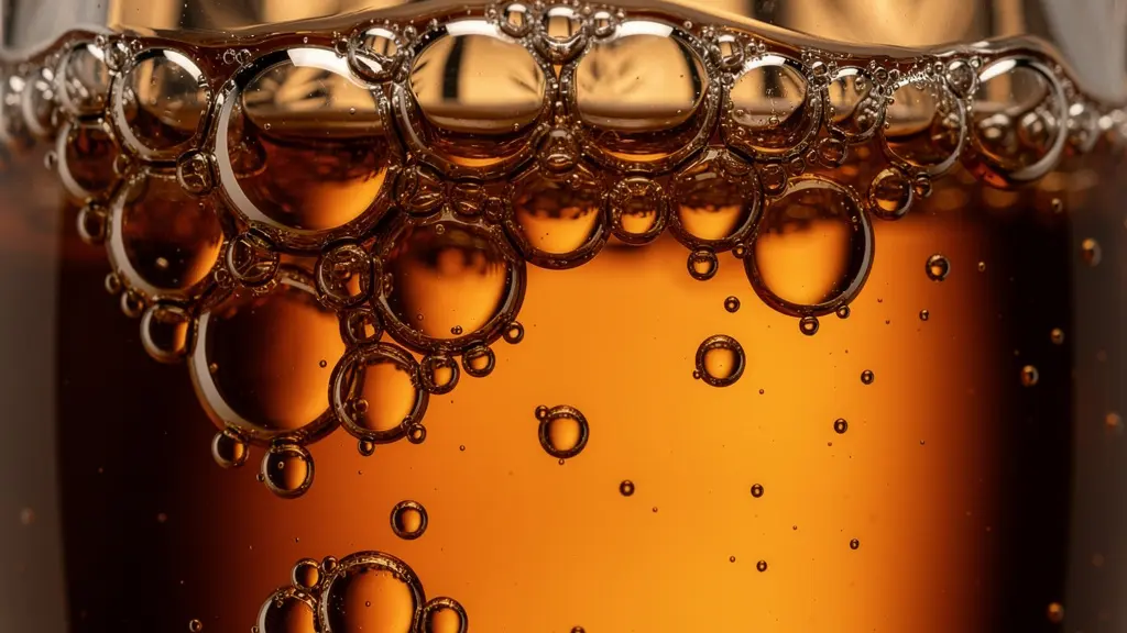 Extreme macro photography showing amber whisky surface with visible oxidation bubbles and color gradients