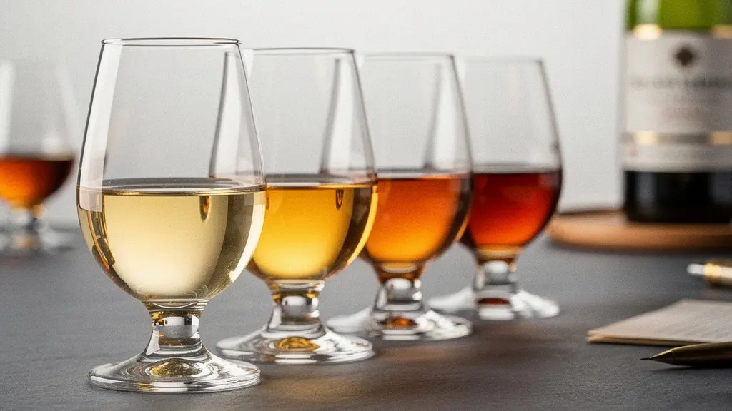 Arranged tasting glasses showing progression from light floral to dark peated spirits