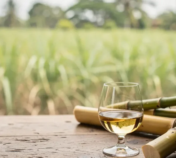 Professional editorial photograph showcasing white agricole rum tasting setup with focus on fresh sugarcane