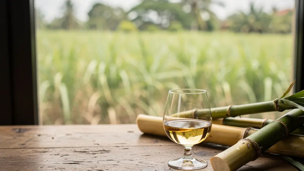 Professional editorial photograph showcasing white agricole rum tasting setup with focus on fresh sugarcane