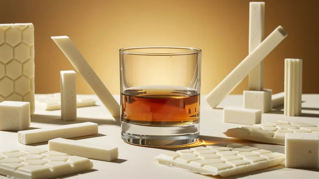 White chocolate squares beside amber whisky showing creamy texture harmony